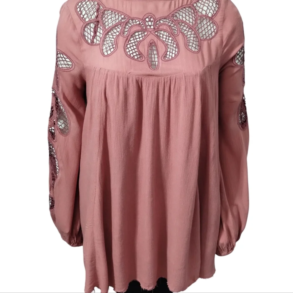 Free People Women's Gauze Lattice Whimsical Fairy Boho Mini Dress Size XS Oversi